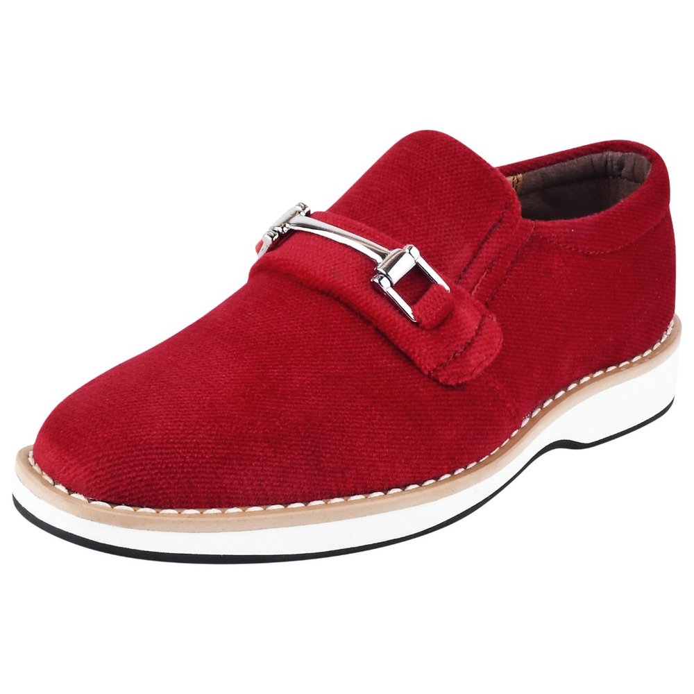 Rachel Red Boys Velvet Loafers With Buckle Casual Tuxedo Slip On Shoes for Kids